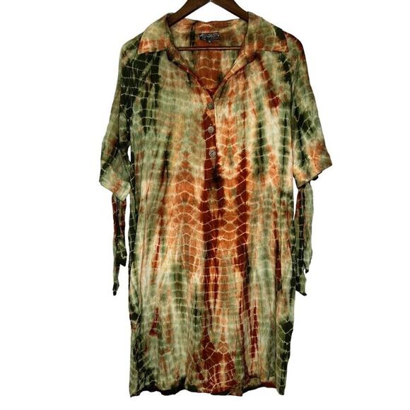 J Gee Green Maroon Tie Dye Short Sleeve Shirt Dress Size Medium - Picture 1 of 10